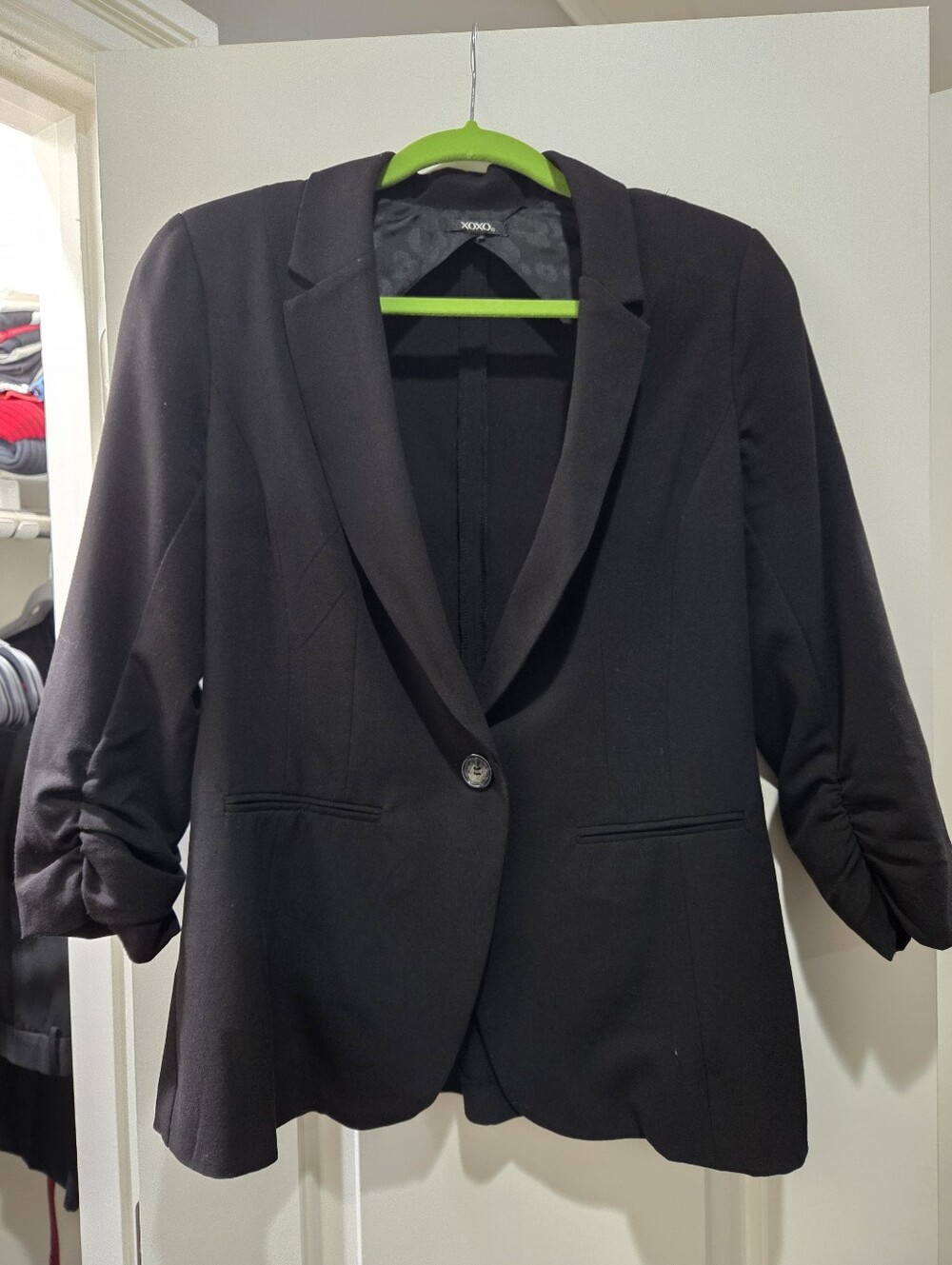 XOXO Black Single-Button Blazer with Ruched Sleeves
